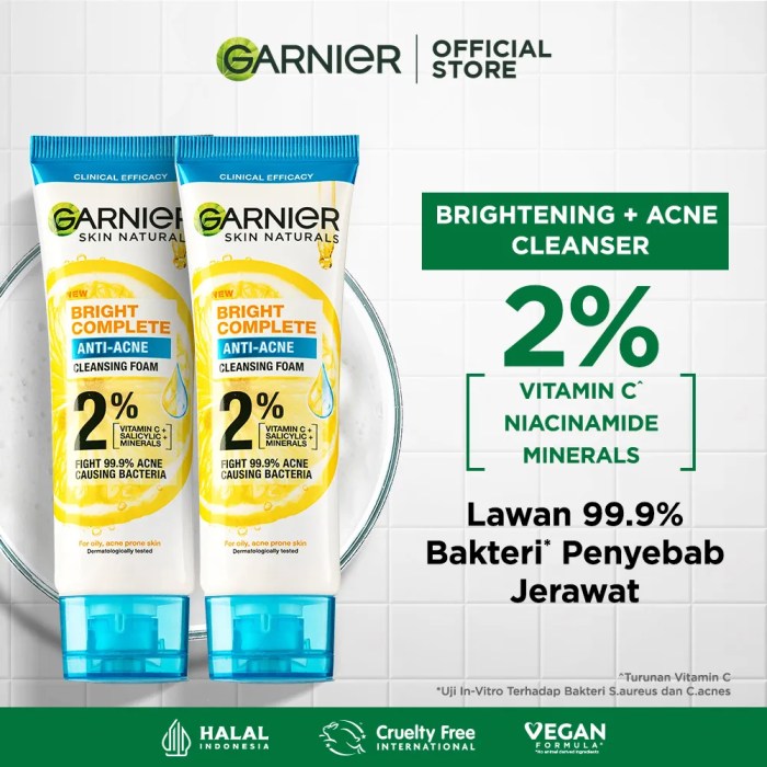 Cek Ingredients Garnier Bright Complete 3-in-1 Anti Acne Facial Wash